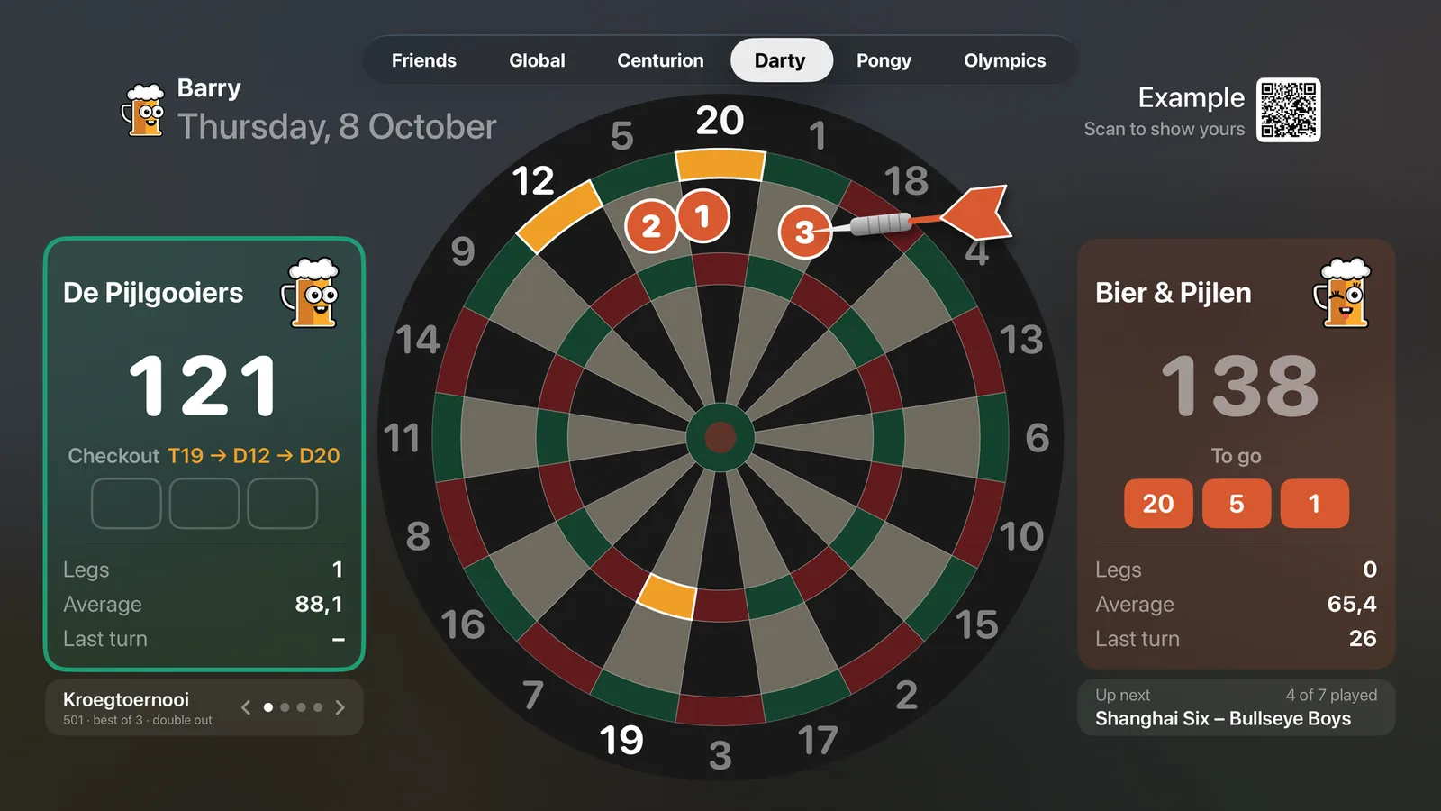 Barry on Apple TV - Darty live darts board with a dart flying in and the checkout lit